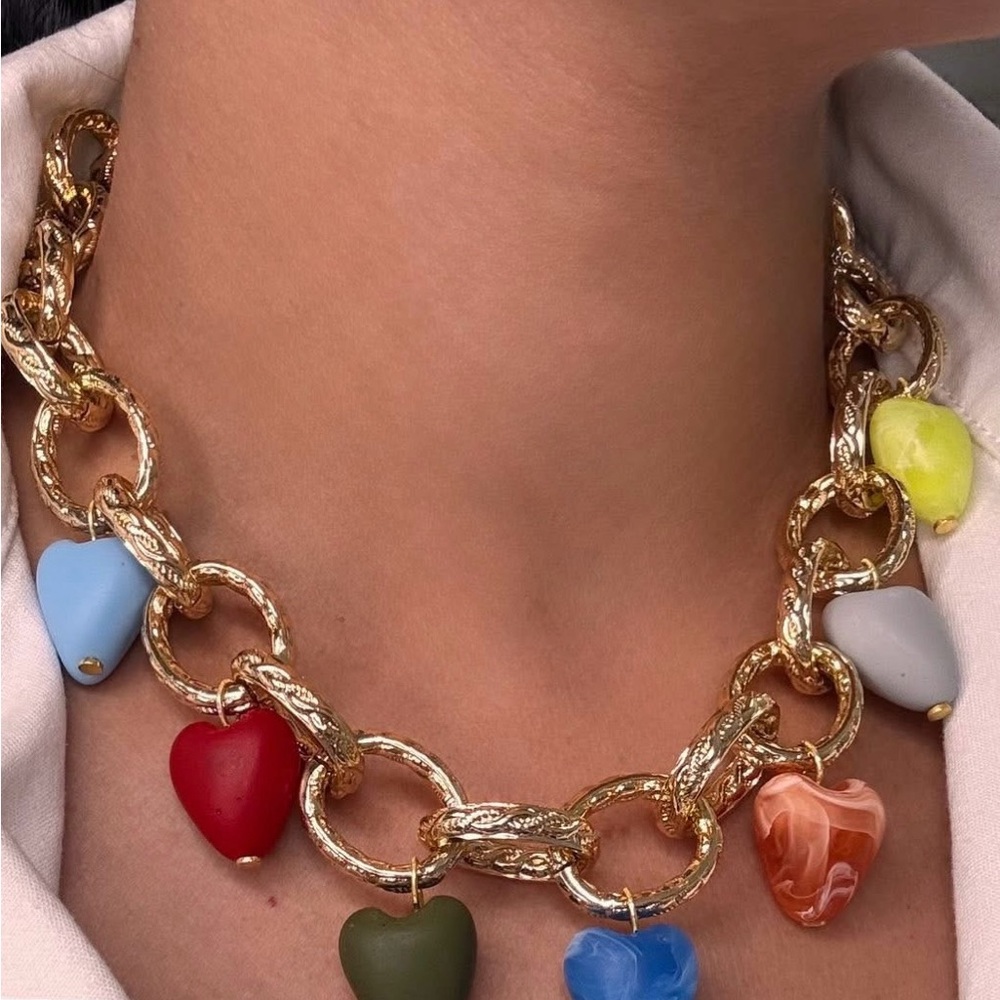 Gold Chain Necklace with Multicolor Heart Pendants